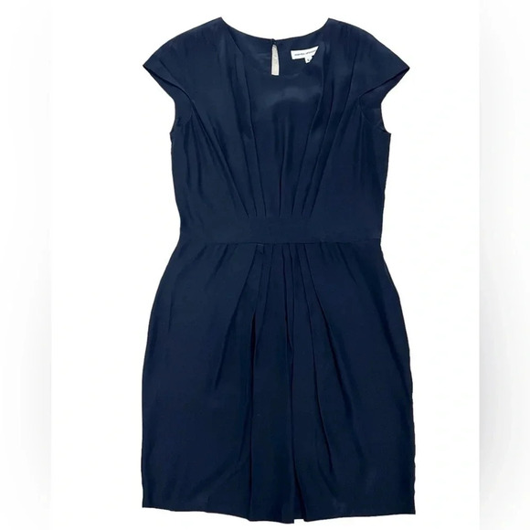 Amanda Uprichard Silk Cap Sleeve Pleated Shift Dress Navy Blue Preppy Size L NEW - Picture 1 of 6